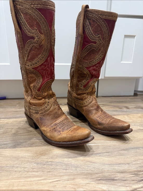 Lucchese Shoes - Lucchese Women's Brown Leather Cowboy Boots with Red Shaft